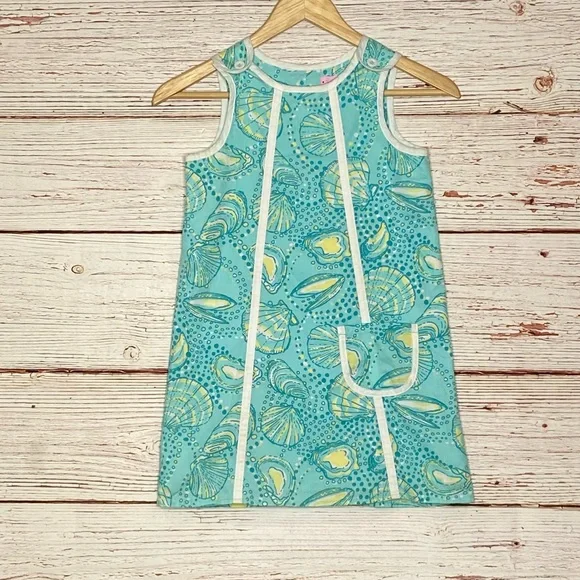 Lilly Pulitzer Little Lilly Jumper Shift Dress Teal Clam Print Sz 7 - Picture 2 of 12